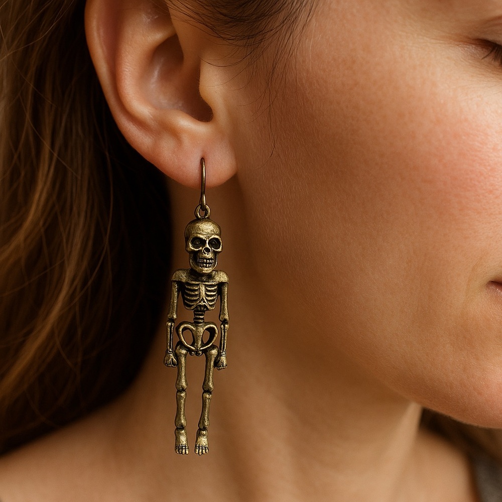 Skeleton Earrings post pierced Dangle Brass 1.75” New